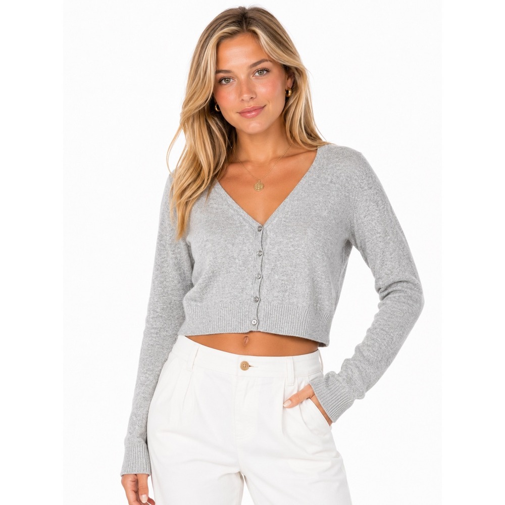 LOFT Womens Heather Grey V-Neck Cropped Button Front Cardigan Sweater Size M